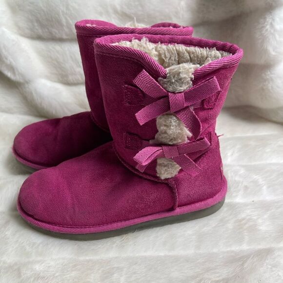 Kookaburra by Ugg girls hot pink  suede short boots side bows fur lining SZ 2 - Picture 1 of 11